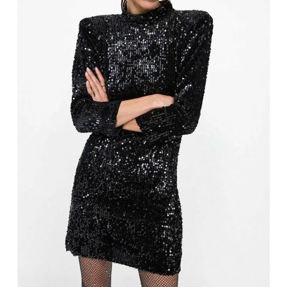 ZARA Velvet Sequin Dress Open Back Sparkle High Neck Dress, Black - Picture 13 of 13